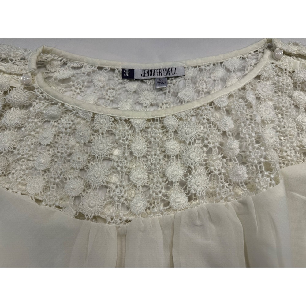 Jennifer Lopez Womens XL Bright White Crochet Lace Chiffon Blouse Miami Sunset - Picture 2 of 4
